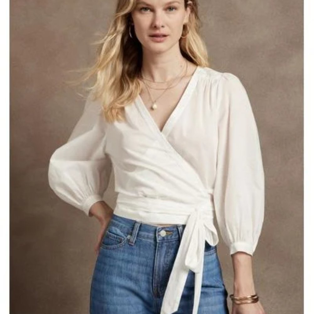 Black Cropped Linen Blend Wrap Top